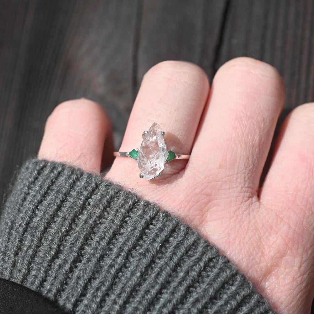 Engagement ring Emerald and Lake County diamond  sterling silver size 3 4 5 6 7